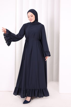 Şallı Fırfırlı Elbise 6085 Lacivert