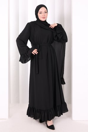 Şallı Fırfırlı Elbise 6085 Siyah