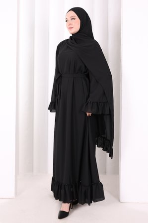 Şallı Fırfırlı Elbise 6085 Siyah