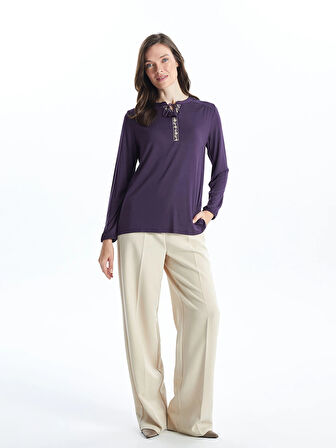 LCW Grace MOR Bağlamalı Yaka Nakışlı Kadın Bluz