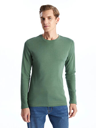 LCWAIKIKI Basic Yeşil Bisiklet Yaka Uzun Kollu Penye Erkek Tişört