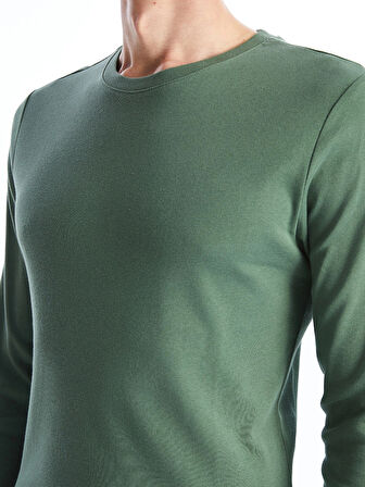 LCWAIKIKI Basic Yeşil Bisiklet Yaka Uzun Kollu Penye Erkek Tişört