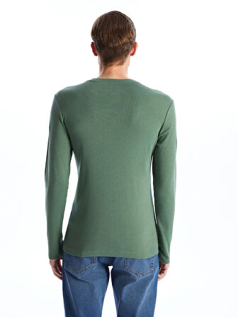 LCWAIKIKI Basic Yeşil Bisiklet Yaka Uzun Kollu Penye Erkek Tişört