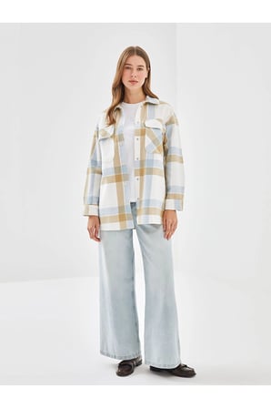 LCW Modest Açık Mavi Ekoseli Ekose Oversize Kadın Gömlek Tunik
