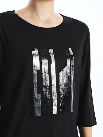 LCWAIKIKI Classic Siyah Bisiklet Yaka Pul İşlemeli Kadın Bluz