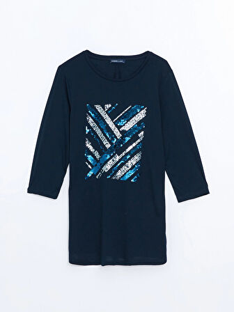 LCWAIKIKI Classic Lacivert Bisiklet Yaka Pul İşlemeli Kadın Bluz