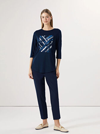 LCWAIKIKI Classic Lacivert Bisiklet Yaka Pul İşlemeli Kadın Bluz