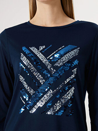 LCWAIKIKI Classic Lacivert Bisiklet Yaka Pul İşlemeli Kadın Bluz