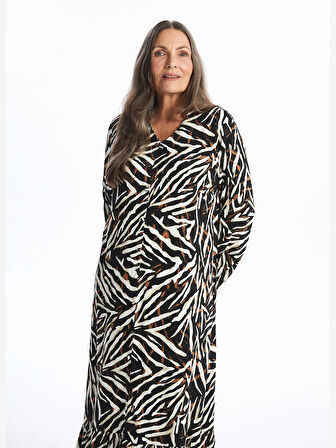 LCW Grace KAHVERENGİ V Yaka Desenli Kadın Elbise