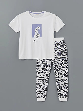 LCW DREAM BEYAZ Bisiklet Yaka Baskılı Kadın Pijama Takımı