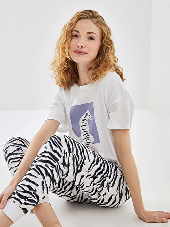 LCW DREAM BEYAZ Bisiklet Yaka Baskılı Kadın Pijama Takımı