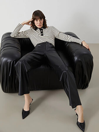 LCWAIKIKI Basic Siyah Polo Yaka Çizgili Kadın Tişört