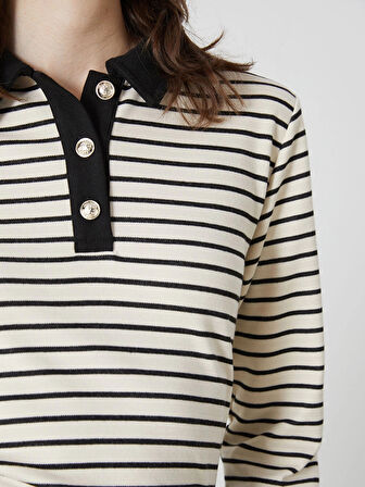 LCWAIKIKI Basic Siyah Polo Yaka Çizgili Kadın Tişört