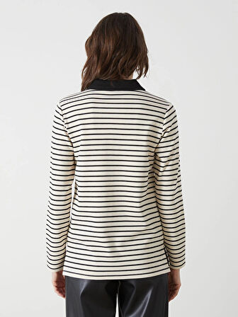 LCWAIKIKI Basic Siyah Polo Yaka Çizgili Kadın Tişört