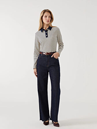 LCWAIKIKI Basic LACİVERT Polo Yaka Çizgili Kadın Tişört