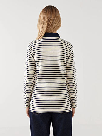 LCWAIKIKI Basic LACİVERT Polo Yaka Çizgili Kadın Tişört