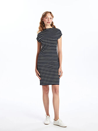 LCW Vision BEYAZ Dik Yaka Çizgili Kadın Elbise