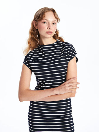 LCW Vision BEYAZ Dik Yaka Çizgili Kadın Elbise