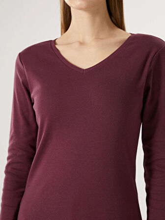 LCWAIKIKI Basic Mürdüm V Yaka Düz Uzun Kollu Kadın Tişört