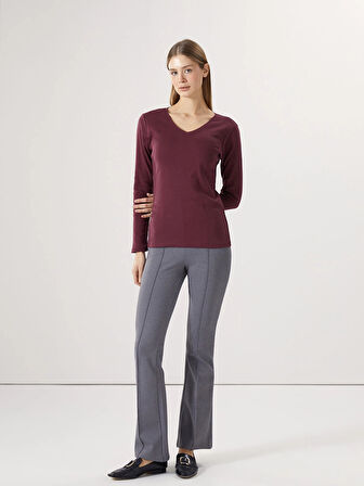 LCWAIKIKI Basic Mürdüm V Yaka Düz Uzun Kollu Kadın Tişört