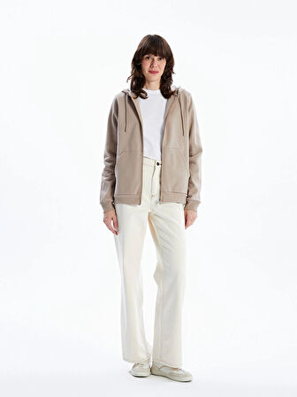 LCWAIKIKI Basic Kahverengi Kapüşonlu Düz Uzun Kollu Kadın Fermuarlı Sweatshirt