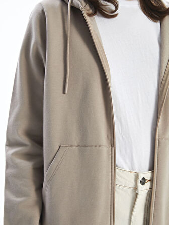 LCWAIKIKI Basic Kahverengi Kapüşonlu Düz Uzun Kollu Kadın Fermuarlı Sweatshirt