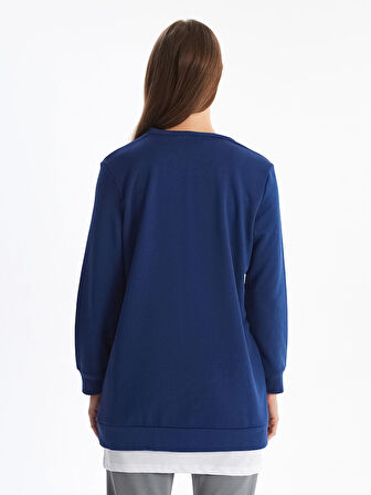 LCW Modest Lacivert Bisiklet Yaka Baskılı Kadın Sweatshirt Tunik