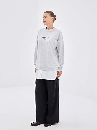LCW Modest Gri Bisiklet Yaka Baskılı Oversize Kadın Sweatshirt Tunik