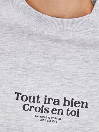 LCW Modest Gri Bisiklet Yaka Baskılı Oversize Kadın Sweatshirt Tunik