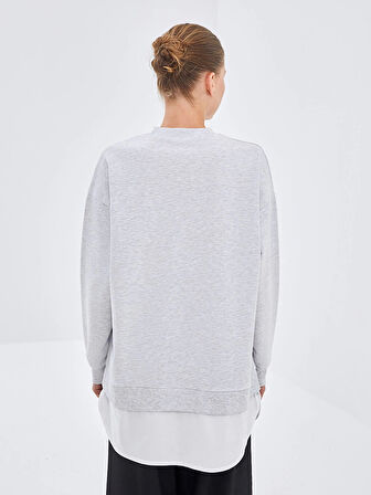 LCW Modest Gri Bisiklet Yaka Baskılı Oversize Kadın Sweatshirt Tunik