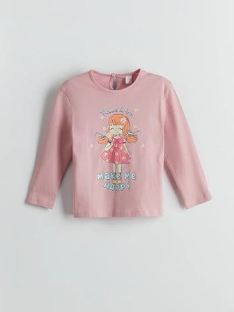 LCW Kids Pembe Bisiklet Yaka Baskılı Kız Çocuk Tişört
