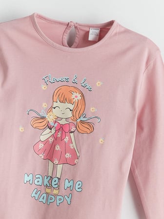 LCW Kids Pembe Bisiklet Yaka Baskılı Kız Çocuk Tişört