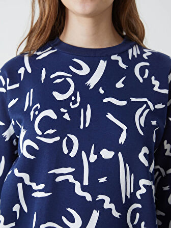 LCW Modest Ekru Bisiklet Yaka Desenli Kadın Sweatshirt Tunik