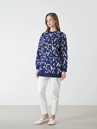 LCW Modest Ekru Bisiklet Yaka Desenli Kadın Sweatshirt Tunik