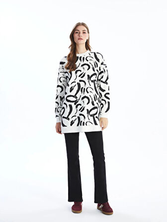 LCW Modest Ekru Bisiklet Yaka Desenli Kadın Sweatshirt Tunik