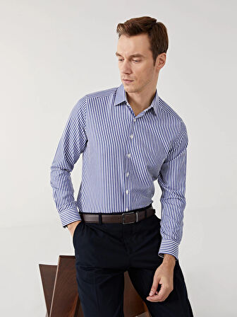 LCWAIKIKI Formal Lacivert Slim Fit Uzun Kollu Çizgili Poplin Erkek Gömlek