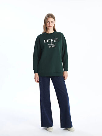 LCW Modest Yeşil Bisiklet Yaka Baskılı Oversize Kadın Sweatshirt Tunik