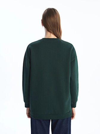 LCW Modest Yeşil Bisiklet Yaka Baskılı Oversize Kadın Sweatshirt Tunik