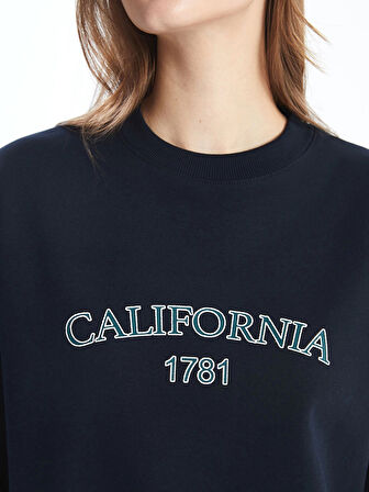 LCW Modest Lacivert Bisiklet Yaka Baskılı Oversize Kadın Sweatshirt Tunik