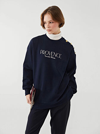 LCW Modest Lacivert Bisiklet Yaka Baskılı Kadın Kalın Sweatshirt Tunik