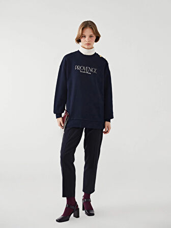 LCW Modest Lacivert Bisiklet Yaka Baskılı Kadın Kalın Sweatshirt Tunik