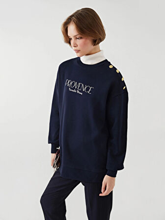 LCW Modest Lacivert Bisiklet Yaka Baskılı Kadın Kalın Sweatshirt Tunik