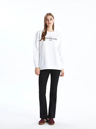 LCW Modest Beyaz Bisiklet Yaka Baskılı Kadın Kalın Sweatshirt Tunik