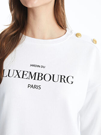 LCW Modest Beyaz Bisiklet Yaka Baskılı Kadın Kalın Sweatshirt Tunik