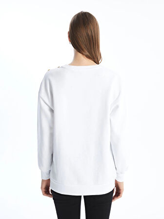 LCW Modest Beyaz Bisiklet Yaka Baskılı Kadın Kalın Sweatshirt Tunik