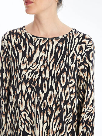 LCW Grace Bej Bisiklet Yaka Desenli Kadın Tişört