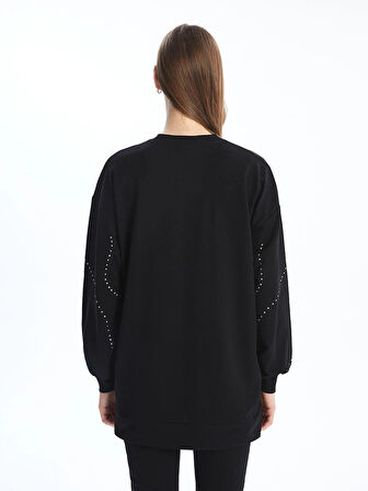 LCW Modest Siyah Bisiklet Yaka Parlak Taşlı Oversize Kadın Sweatshirt Tunik