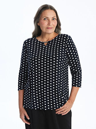 LCW Grace Lacivert Bisiklet Yaka Puantiye Desenli Kadın Tişört