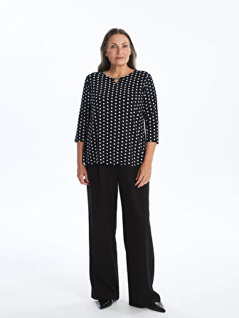 LCW Grace Lacivert Bisiklet Yaka Puantiye Desenli Kadın Tişört