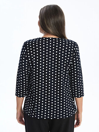 LCW Grace Lacivert Bisiklet Yaka Puantiye Desenli Kadın Tişört